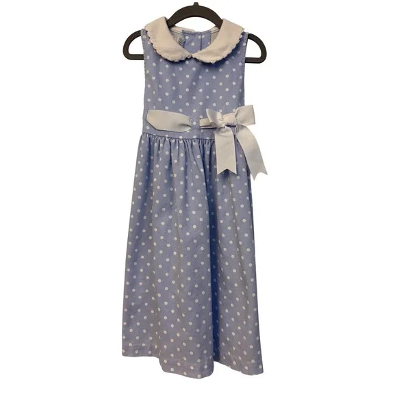 Bonnie Jean Girls Light Blue Polka Dot Peter Pan Collar Bow Dress Size 6 - Picture 1 of 6